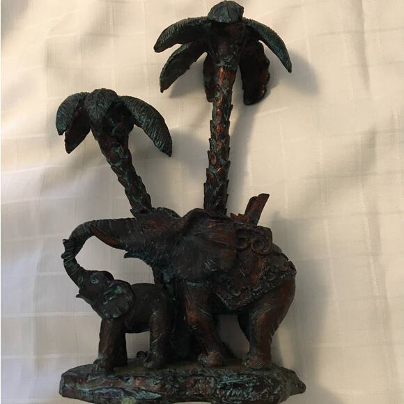 Safari, Jungle Bronze Verde Green Mother & Baby Elephant, Palms Candleholder - Picture 1 of 3